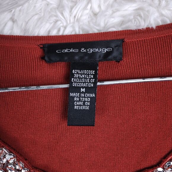 Cable & Gauge M Red Embellished Scoop Neck Stretch Top Rhinestone Holiday - Picture 3 of 6